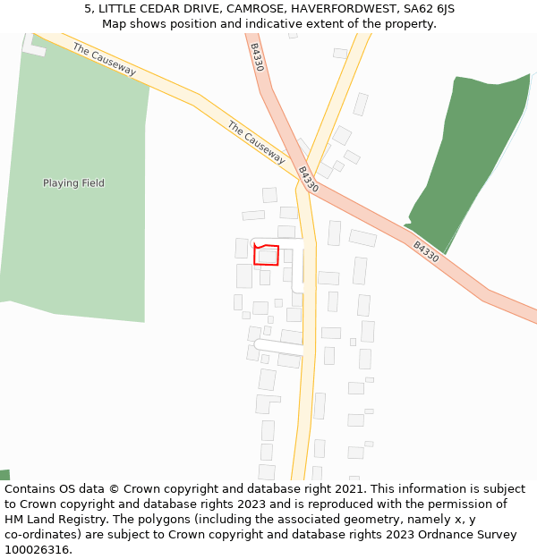 5, LITTLE CEDAR DRIVE, CAMROSE, HAVERFORDWEST, SA62 6JS: Location map and indicative extent of plot