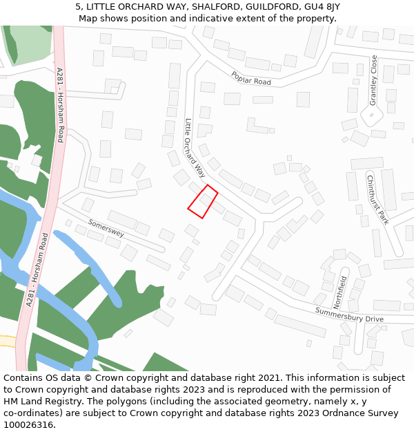 5, LITTLE ORCHARD WAY, SHALFORD, GUILDFORD, GU4 8JY: Location map and indicative extent of plot