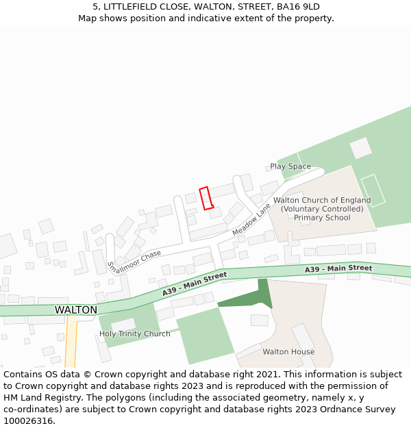 5, LITTLEFIELD CLOSE, WALTON, STREET, BA16 9LD: Location map and indicative extent of plot