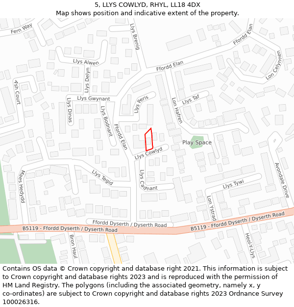 5, LLYS COWLYD, RHYL, LL18 4DX: Location map and indicative extent of plot