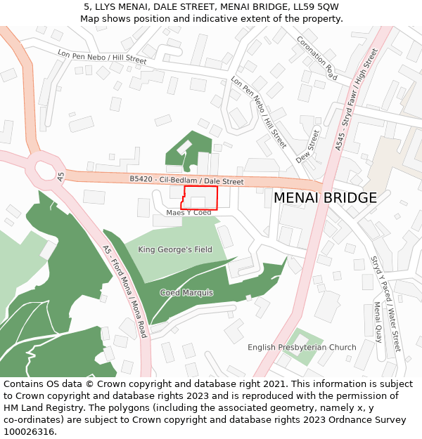 5, LLYS MENAI, DALE STREET, MENAI BRIDGE, LL59 5QW: Location map and indicative extent of plot