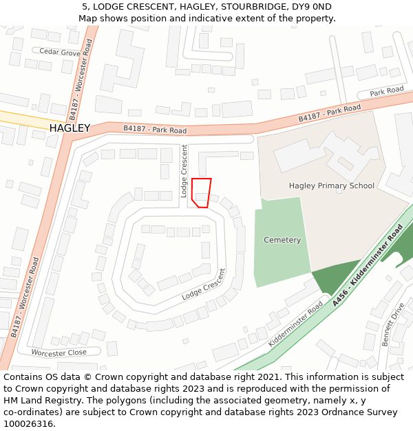 5, LODGE CRESCENT, HAGLEY, STOURBRIDGE, DY9 0ND: Location map and indicative extent of plot
