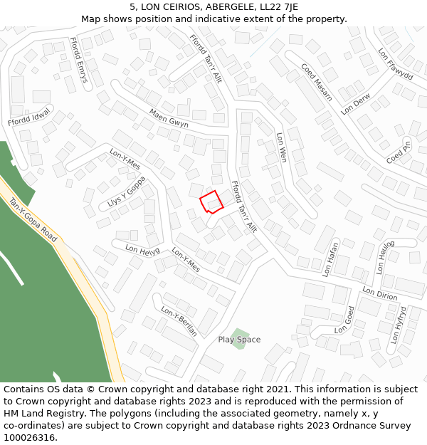 5, LON CEIRIOS, ABERGELE, LL22 7JE: Location map and indicative extent of plot