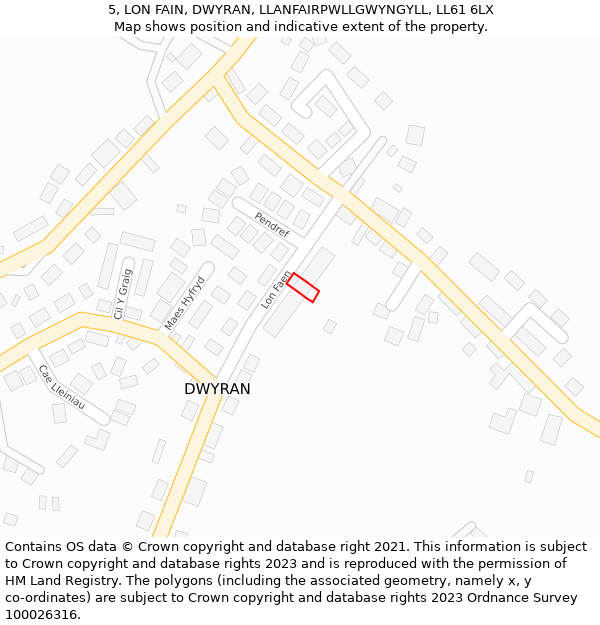 5, LON FAIN, DWYRAN, LLANFAIRPWLLGWYNGYLL, LL61 6LX: Location map and indicative extent of plot