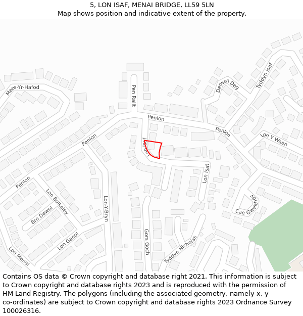 5, LON ISAF, MENAI BRIDGE, LL59 5LN: Location map and indicative extent of plot