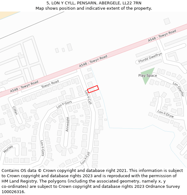 5, LON Y CYLL, PENSARN, ABERGELE, LL22 7RN: Location map and indicative extent of plot