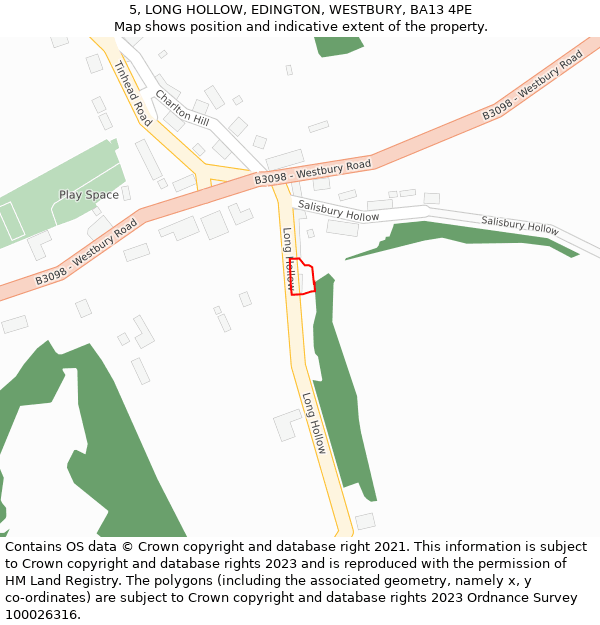 5, LONG HOLLOW, EDINGTON, WESTBURY, BA13 4PE: Location map and indicative extent of plot