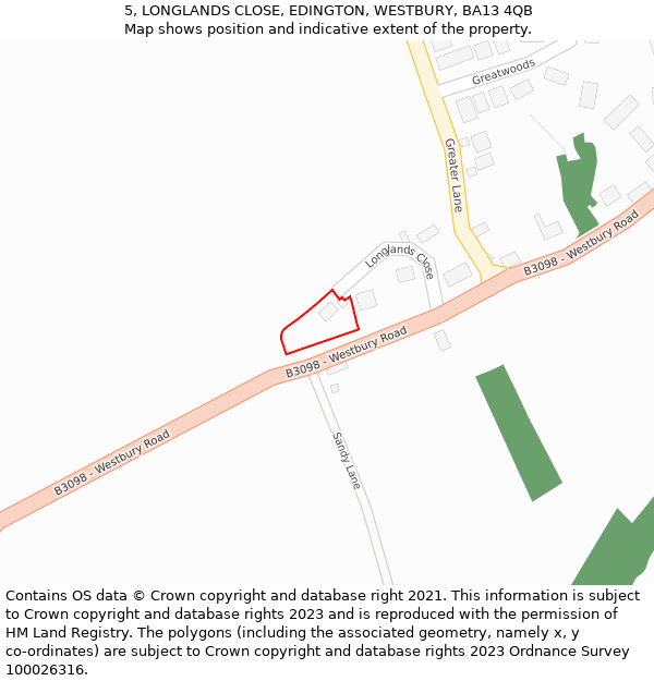 5, LONGLANDS CLOSE, EDINGTON, WESTBURY, BA13 4QB: Location map and indicative extent of plot