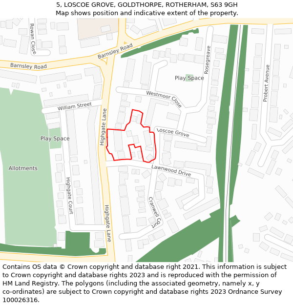 5, LOSCOE GROVE, GOLDTHORPE, ROTHERHAM, S63 9GH: Location map and indicative extent of plot