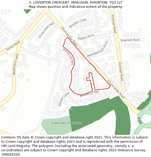 5, LOVENTOR CRESCENT, MARLDON, PAIGNTON, TQ3 1LT: Location map and indicative extent of plot