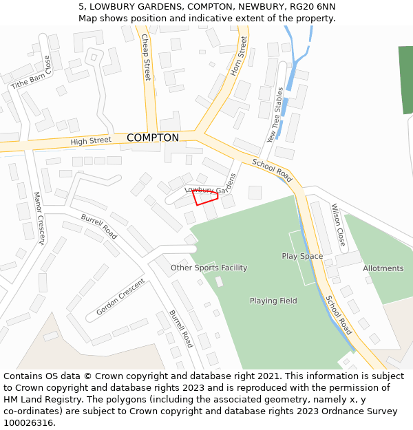 5, LOWBURY GARDENS, COMPTON, NEWBURY, RG20 6NN: Location map and indicative extent of plot