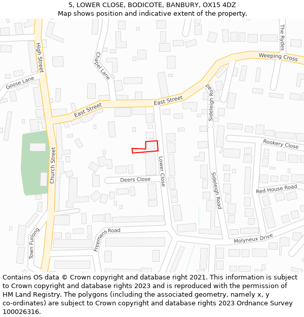 5, LOWER CLOSE, BODICOTE, BANBURY, OX15 4DZ: Location map and indicative extent of plot