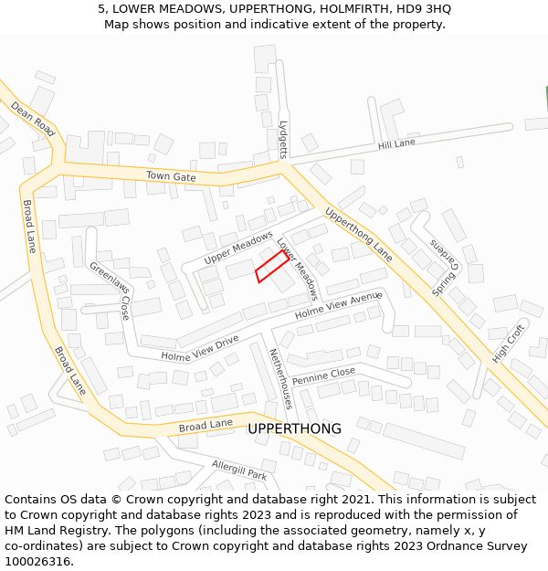 5, LOWER MEADOWS, UPPERTHONG, HOLMFIRTH, HD9 3HQ: Location map and indicative extent of plot