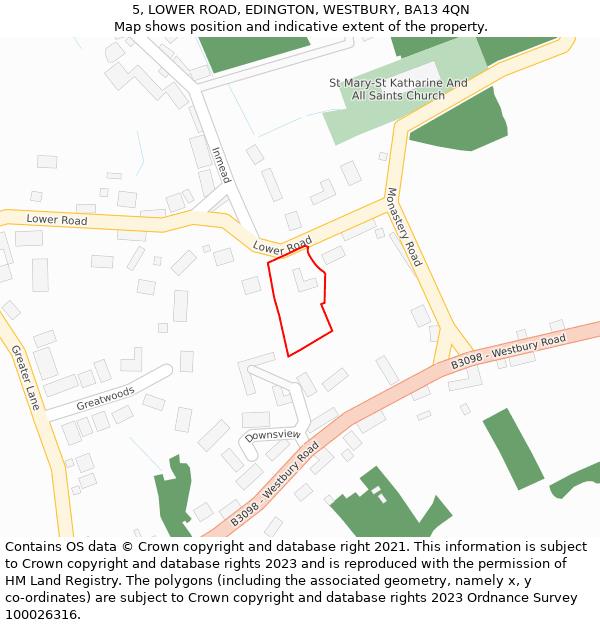 5, LOWER ROAD, EDINGTON, WESTBURY, BA13 4QN: Location map and indicative extent of plot