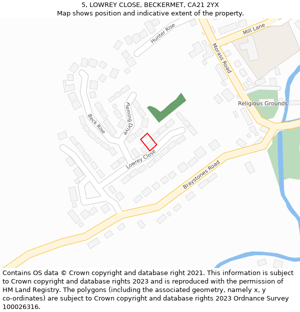 5, LOWREY CLOSE, BECKERMET, CA21 2YX: Location map and indicative extent of plot