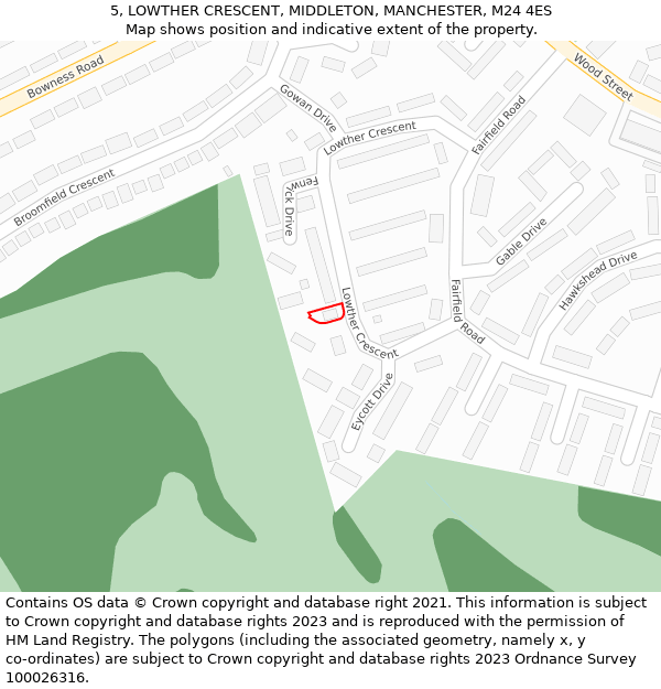 5, LOWTHER CRESCENT, MIDDLETON, MANCHESTER, M24 4ES: Location map and indicative extent of plot