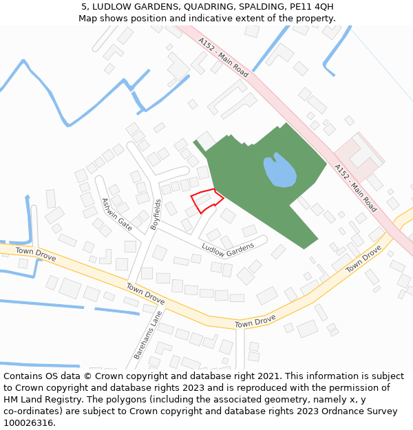 5, LUDLOW GARDENS, QUADRING, SPALDING, PE11 4QH: Location map and indicative extent of plot