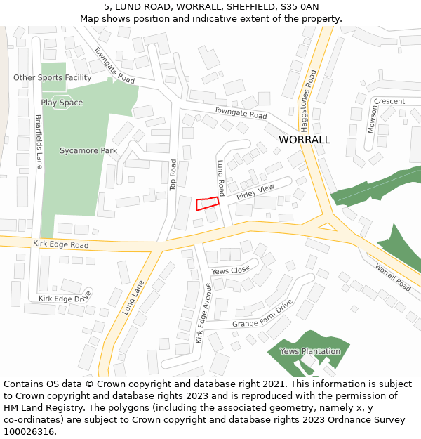 5, LUND ROAD, WORRALL, SHEFFIELD, S35 0AN: Location map and indicative extent of plot