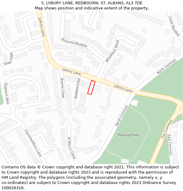 5, LYBURY LANE, REDBOURN, ST. ALBANS, AL3 7DE: Location map and indicative extent of plot