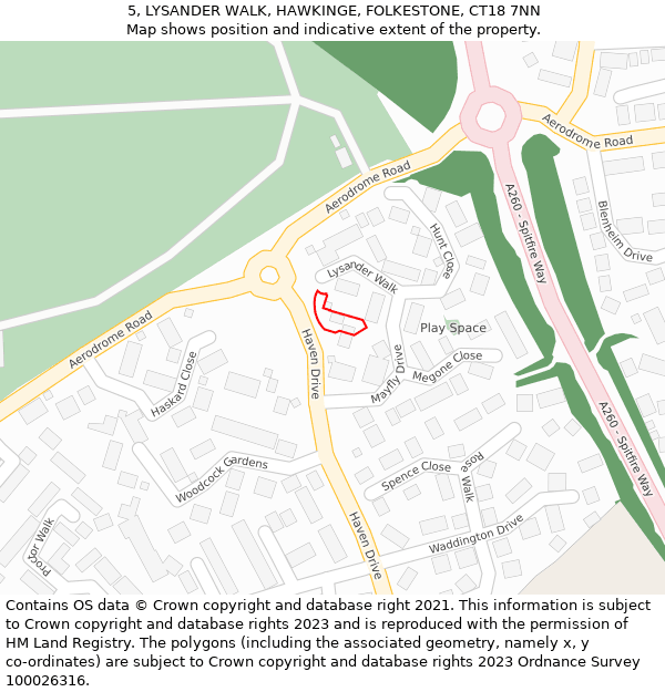 5, LYSANDER WALK, HAWKINGE, FOLKESTONE, CT18 7NN: Location map and indicative extent of plot