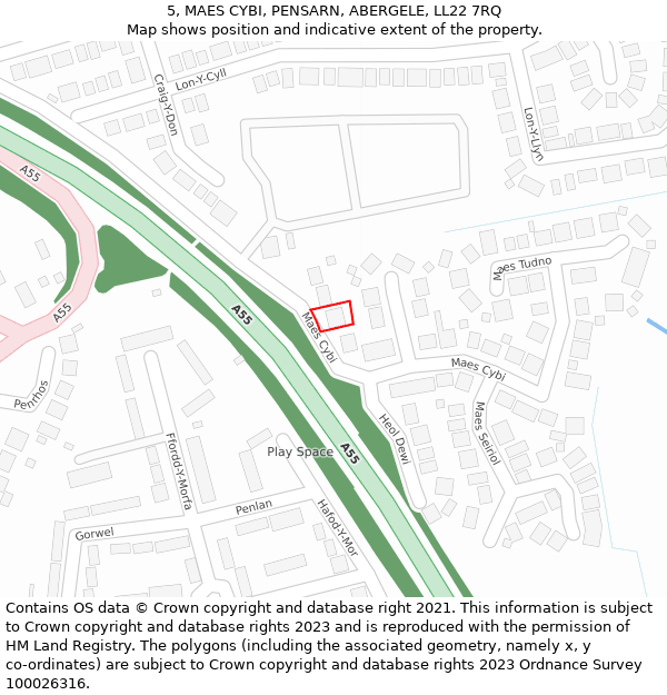 5, MAES CYBI, PENSARN, ABERGELE, LL22 7RQ: Location map and indicative extent of plot