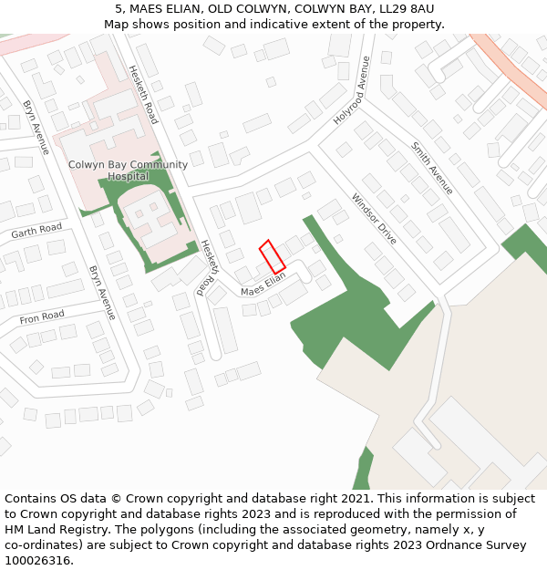5, MAES ELIAN, OLD COLWYN, COLWYN BAY, LL29 8AU: Location map and indicative extent of plot