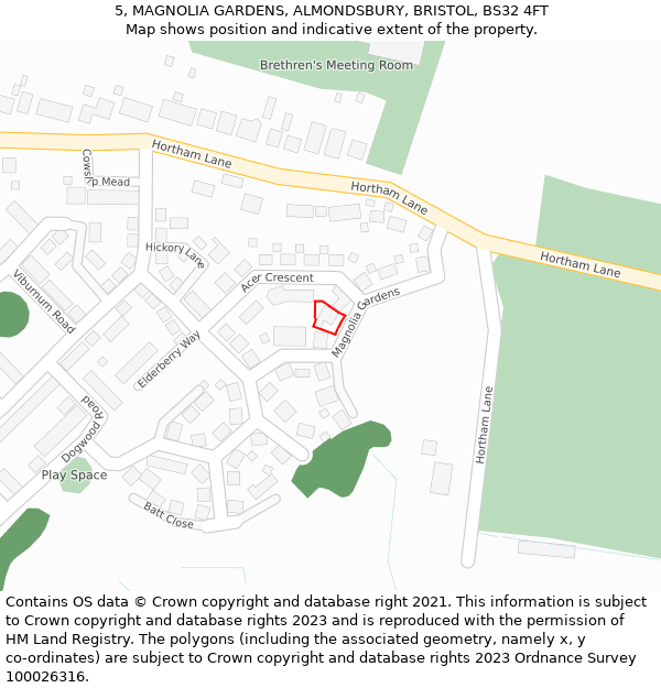 5, MAGNOLIA GARDENS, ALMONDSBURY, BRISTOL, BS32 4FT: Location map and indicative extent of plot