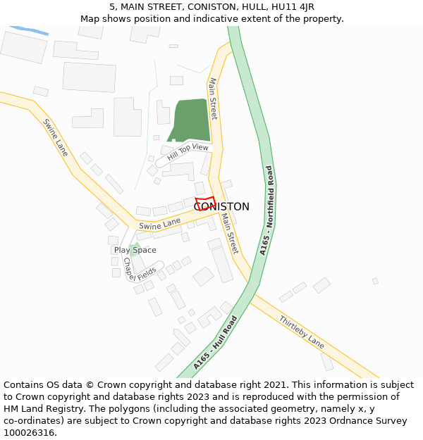 5, MAIN STREET, CONISTON, HULL, HU11 4JR: Location map and indicative extent of plot