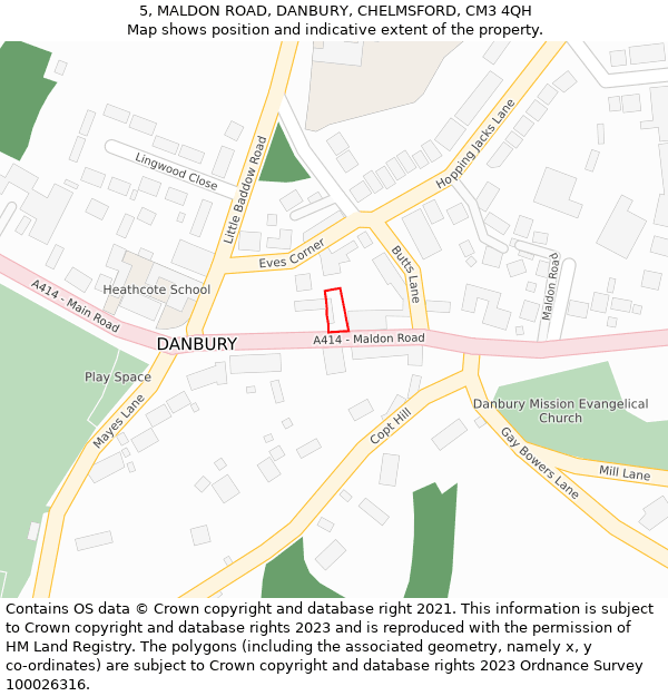 5, MALDON ROAD, DANBURY, CHELMSFORD, CM3 4QH: Location map and indicative extent of plot