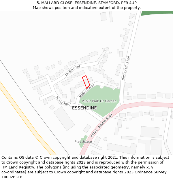 5, MALLARD CLOSE, ESSENDINE, STAMFORD, PE9 4UP: Location map and indicative extent of plot