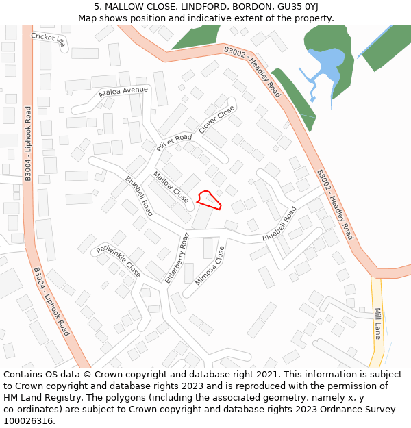 5, MALLOW CLOSE, LINDFORD, BORDON, GU35 0YJ: Location map and indicative extent of plot