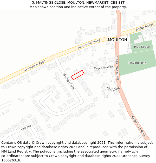 5, MALTINGS CLOSE, MOULTON, NEWMARKET, CB8 8ST: Location map and indicative extent of plot