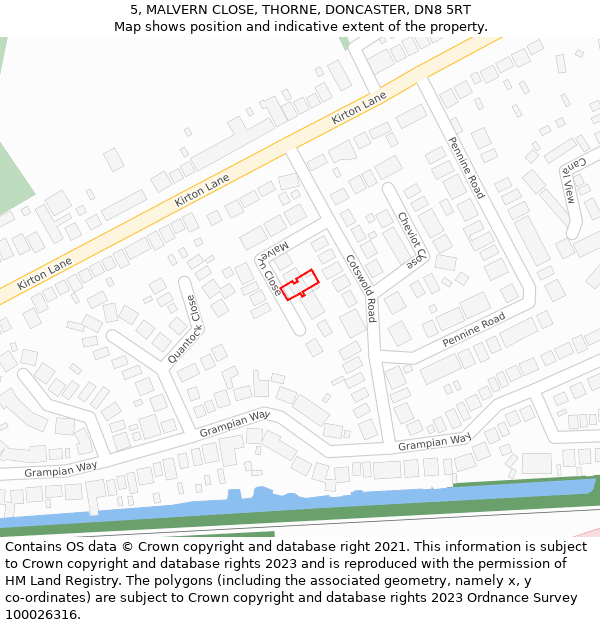 5, MALVERN CLOSE, THORNE, DONCASTER, DN8 5RT: Location map and indicative extent of plot