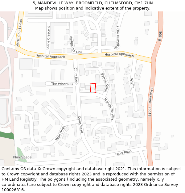 5, MANDEVILLE WAY, BROOMFIELD, CHELMSFORD, CM1 7HN: Location map and indicative extent of plot