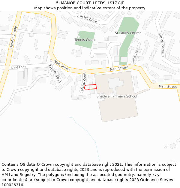 5, MANOR COURT, LEEDS, LS17 8JE: Location map and indicative extent of plot