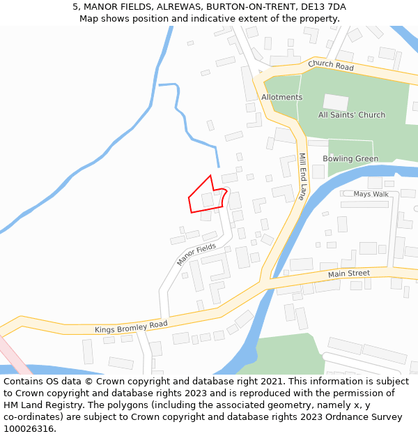 5, MANOR FIELDS, ALREWAS, BURTON-ON-TRENT, DE13 7DA: Location map and indicative extent of plot