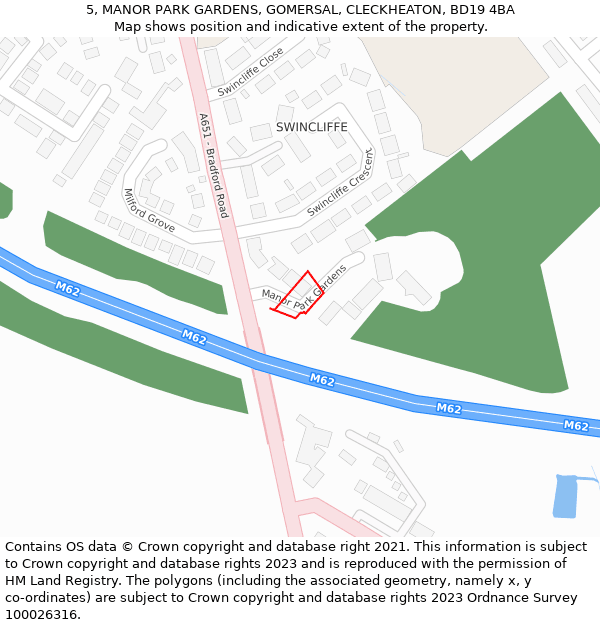 5, MANOR PARK GARDENS, GOMERSAL, CLECKHEATON, BD19 4BA: Location map and indicative extent of plot