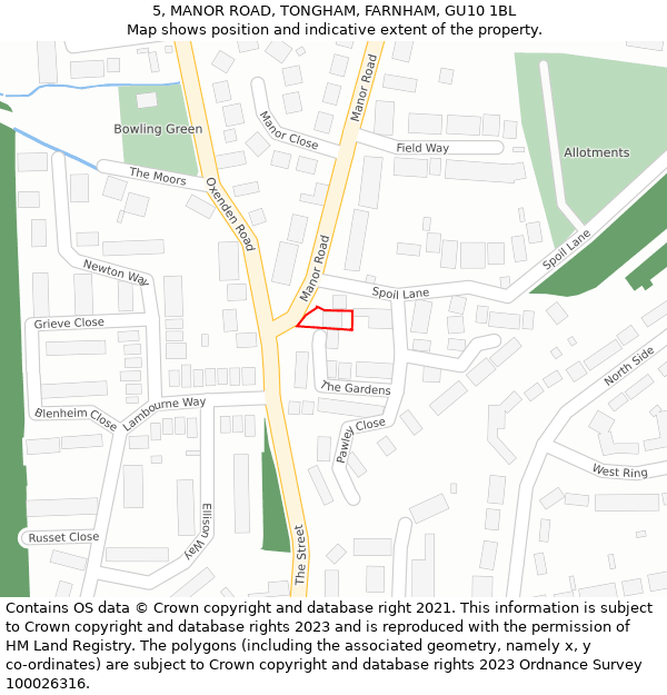 5, MANOR ROAD, TONGHAM, FARNHAM, GU10 1BL: Location map and indicative extent of plot