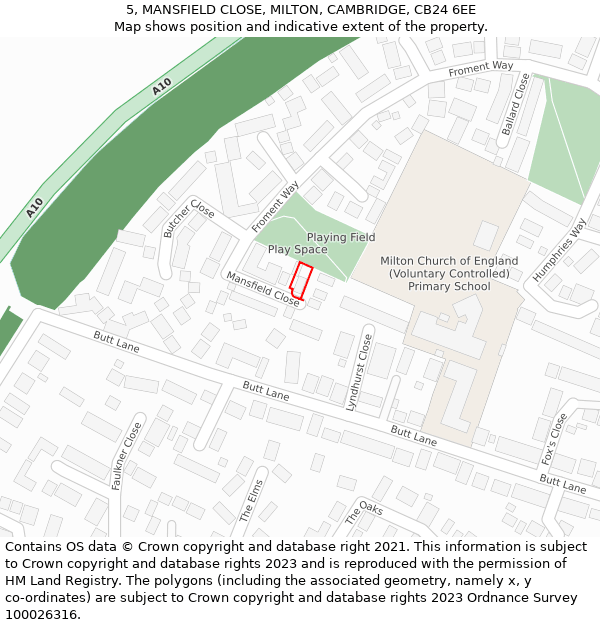 5, MANSFIELD CLOSE, MILTON, CAMBRIDGE, CB24 6EE: Location map and indicative extent of plot