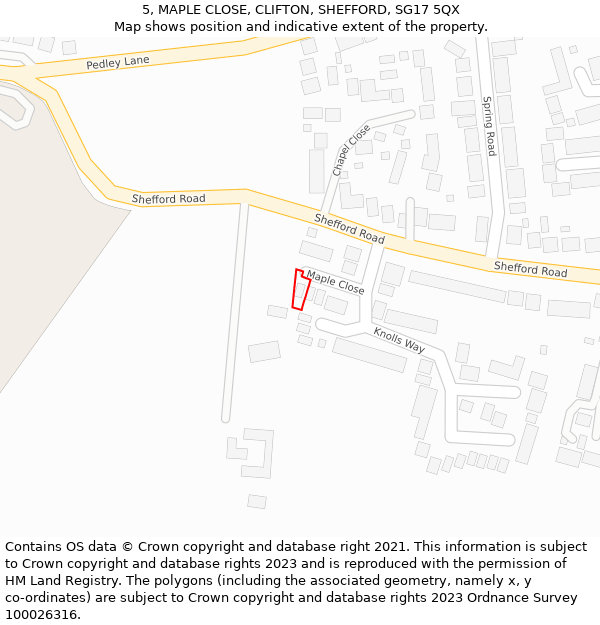 5, MAPLE CLOSE, CLIFTON, SHEFFORD, SG17 5QX: Location map and indicative extent of plot