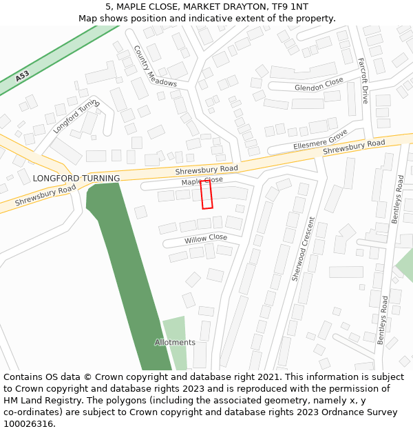 5, MAPLE CLOSE, MARKET DRAYTON, TF9 1NT: Location map and indicative extent of plot