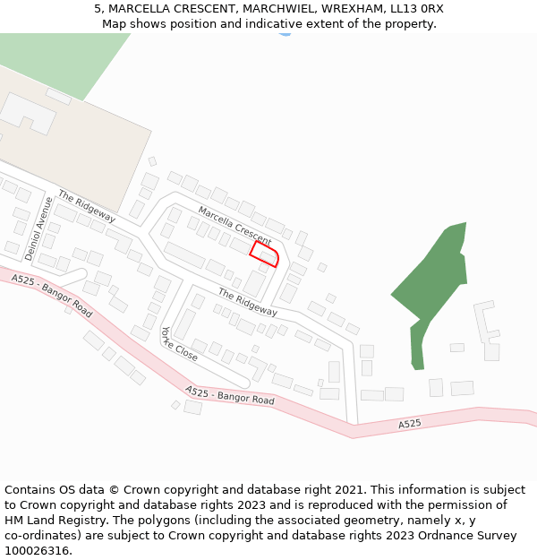 5, MARCELLA CRESCENT, MARCHWIEL, WREXHAM, LL13 0RX: Location map and indicative extent of plot