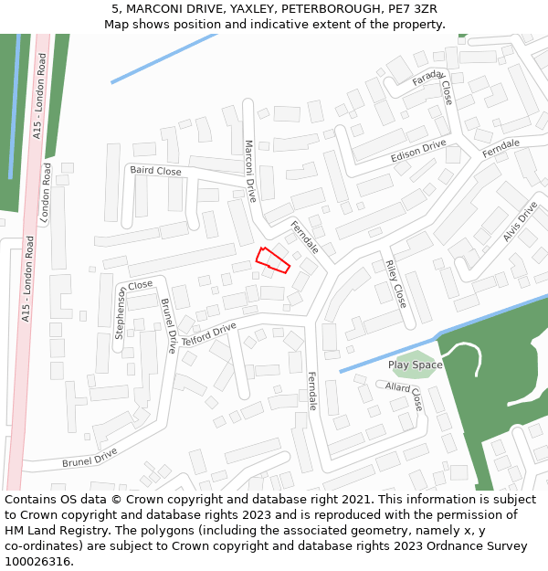 5, MARCONI DRIVE, YAXLEY, PETERBOROUGH, PE7 3ZR: Location map and indicative extent of plot