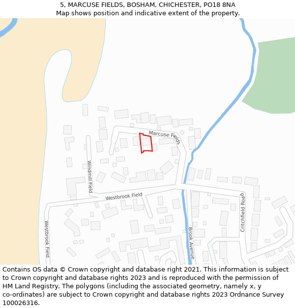 5, MARCUSE FIELDS, BOSHAM, CHICHESTER, PO18 8NA: Location map and indicative extent of plot