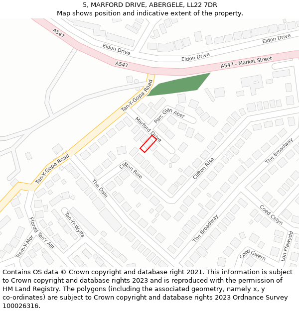 5, MARFORD DRIVE, ABERGELE, LL22 7DR: Location map and indicative extent of plot