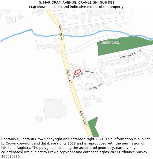 5, MARJORAM AVENUE, CRANLEIGH, GU6 8GS: Location map and indicative extent of plot