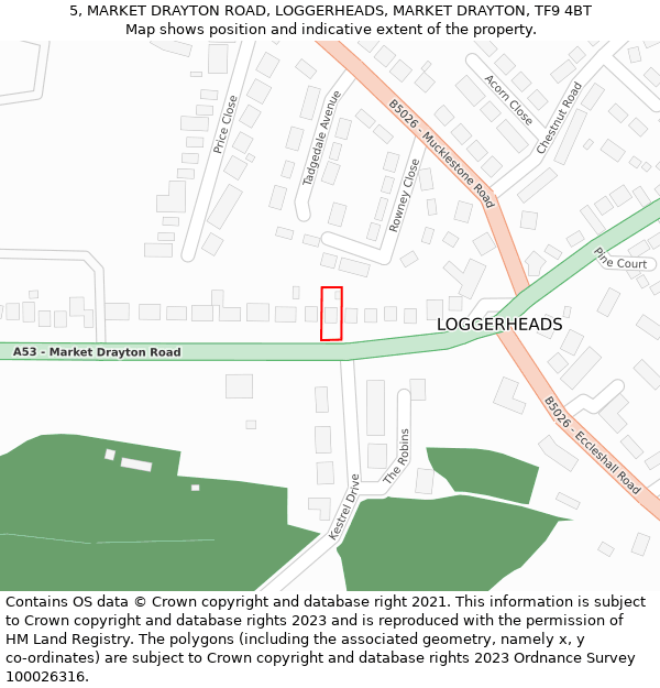 5, MARKET DRAYTON ROAD, LOGGERHEADS, MARKET DRAYTON, TF9 4BT: Location map and indicative extent of plot