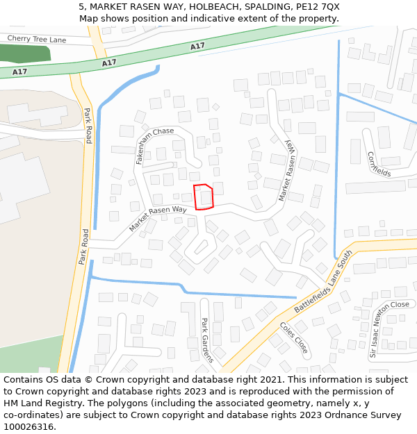 5, MARKET RASEN WAY, HOLBEACH, SPALDING, PE12 7QX: Location map and indicative extent of plot