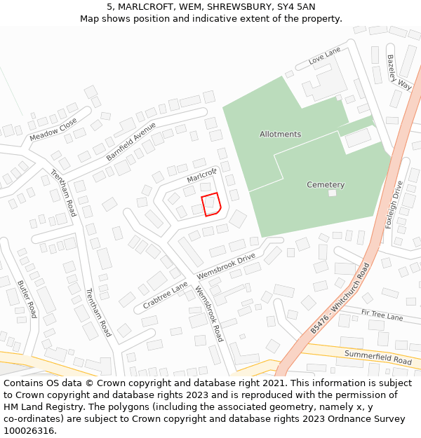 5, MARLCROFT, WEM, SHREWSBURY, SY4 5AN: Location map and indicative extent of plot