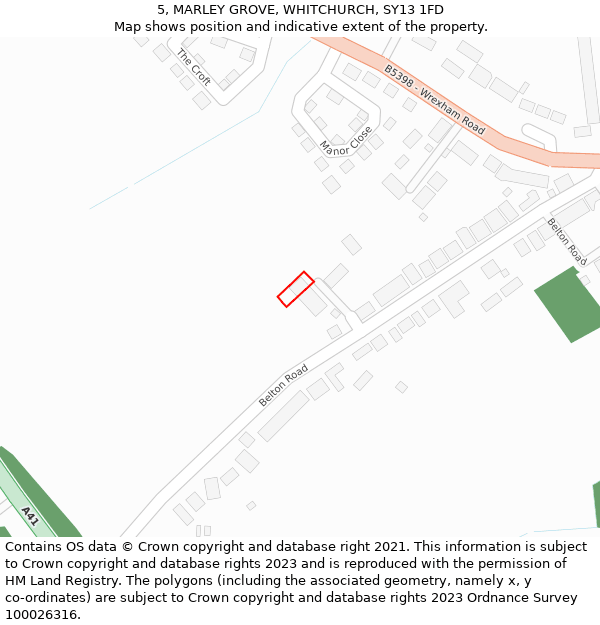 5, MARLEY GROVE, WHITCHURCH, SY13 1FD: Location map and indicative extent of plot